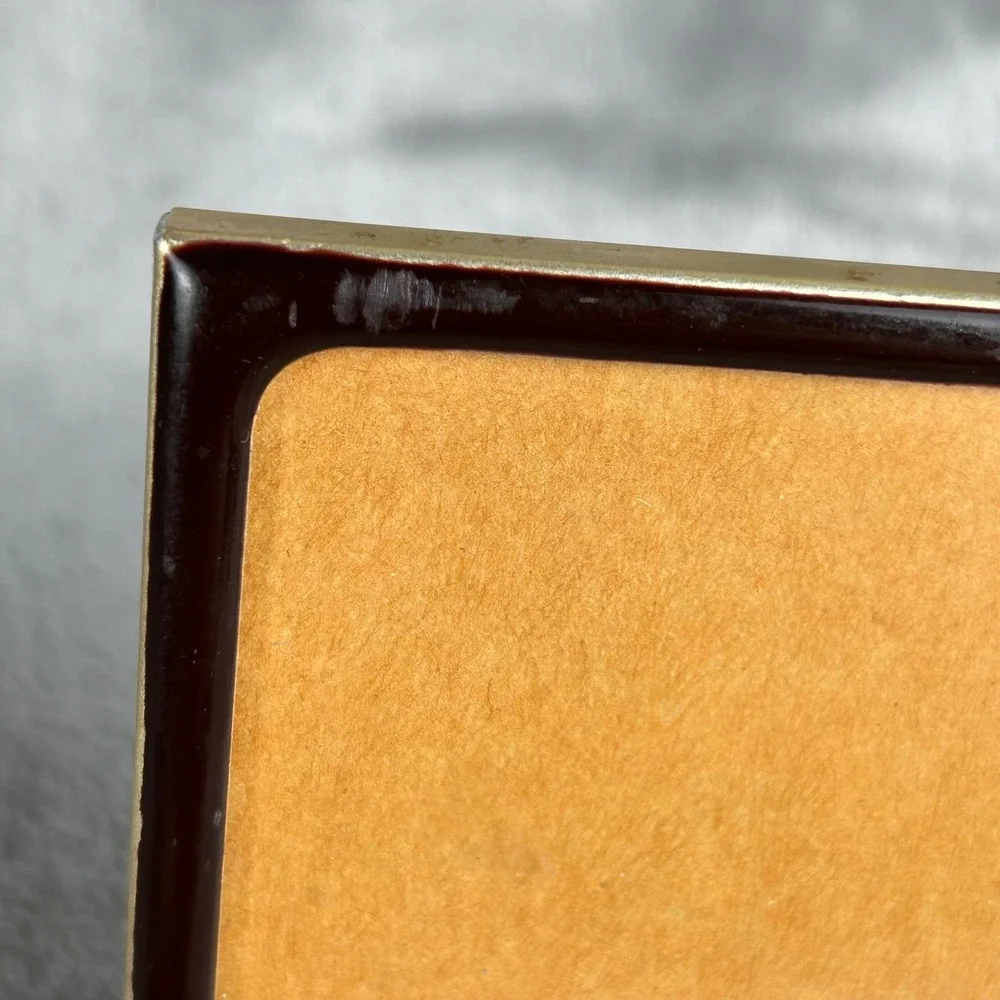 VTG Miniature Photo Frame Brown Enamel Gold Tone Metal Easel Stand  ~2.125x3.125